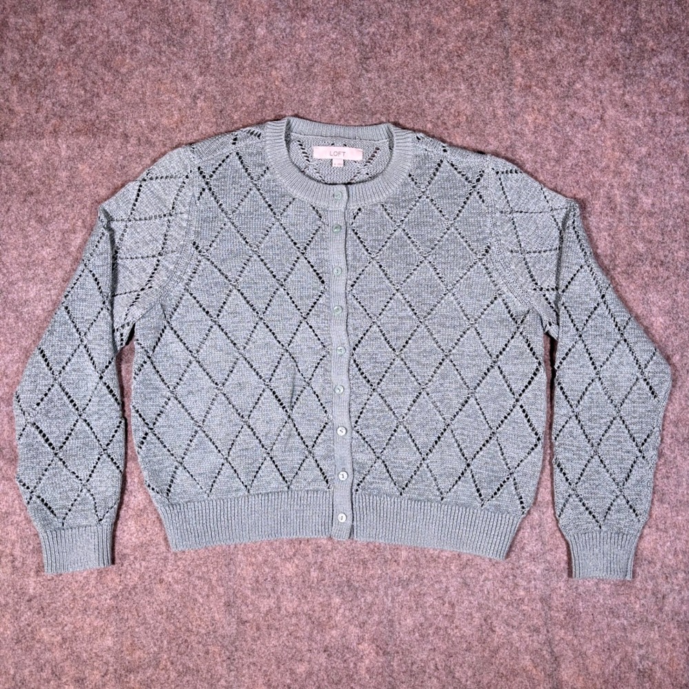 LOFT Cardigan Sweater Womens XL Green Pointelle Diamond Knit Button Front 784085